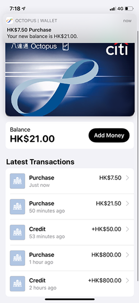 Use of Citi Octopus Card on iPhone or Apple Watch Octopus Hong Kong